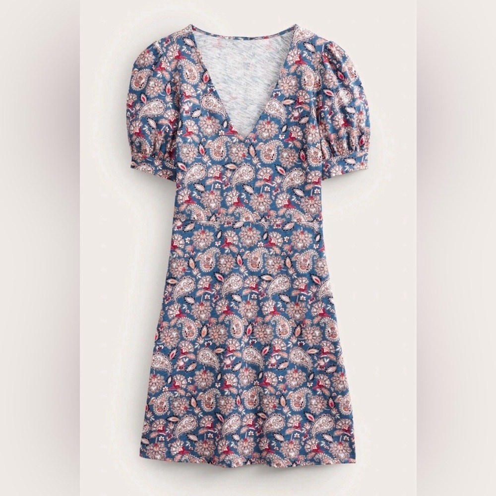 Boden Women’s  V-Neck Jersey Mini Dress Navy Paisley Terrace - Size 14 - Picture 10 of 10